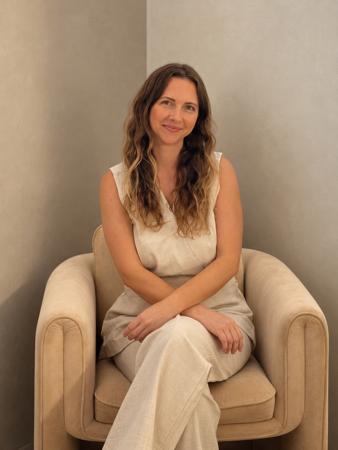 Stef, founder of Flow & Bloom, seated in the clinic